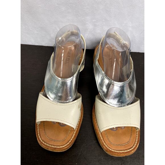 PRADA White Leather Metallic Silver Slingback Sandals Women's Size 40 Open Toe - Picture 2 of 11